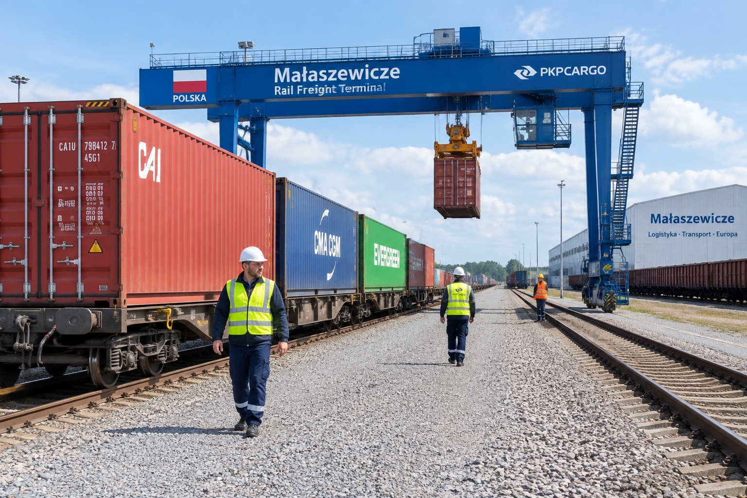 China-Europe freight train being loaded and unloaded at the Małaszewicze hub on the Polish-Belarusian border