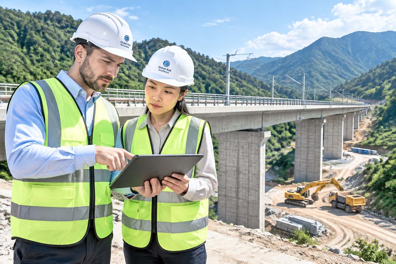 Foreign and Chinese engineers inspect a new railway bridge built under Belt and Road cooperation