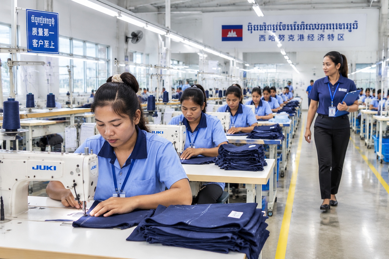 Textile workers making garments for export inside Sihanoukville Special Economic Zone in Cambodia