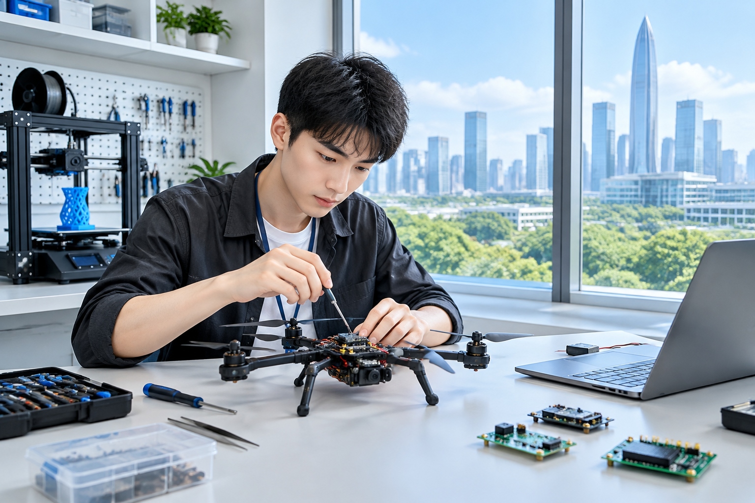 Doing Business in Shenzhen vs Shanghai vs Beijing: Which City Fits Your Industry? 22 Shenzhen hardware lab where an engineer builds a drone prototype, showing the city's dense manufacturing and prototyping ecosystem