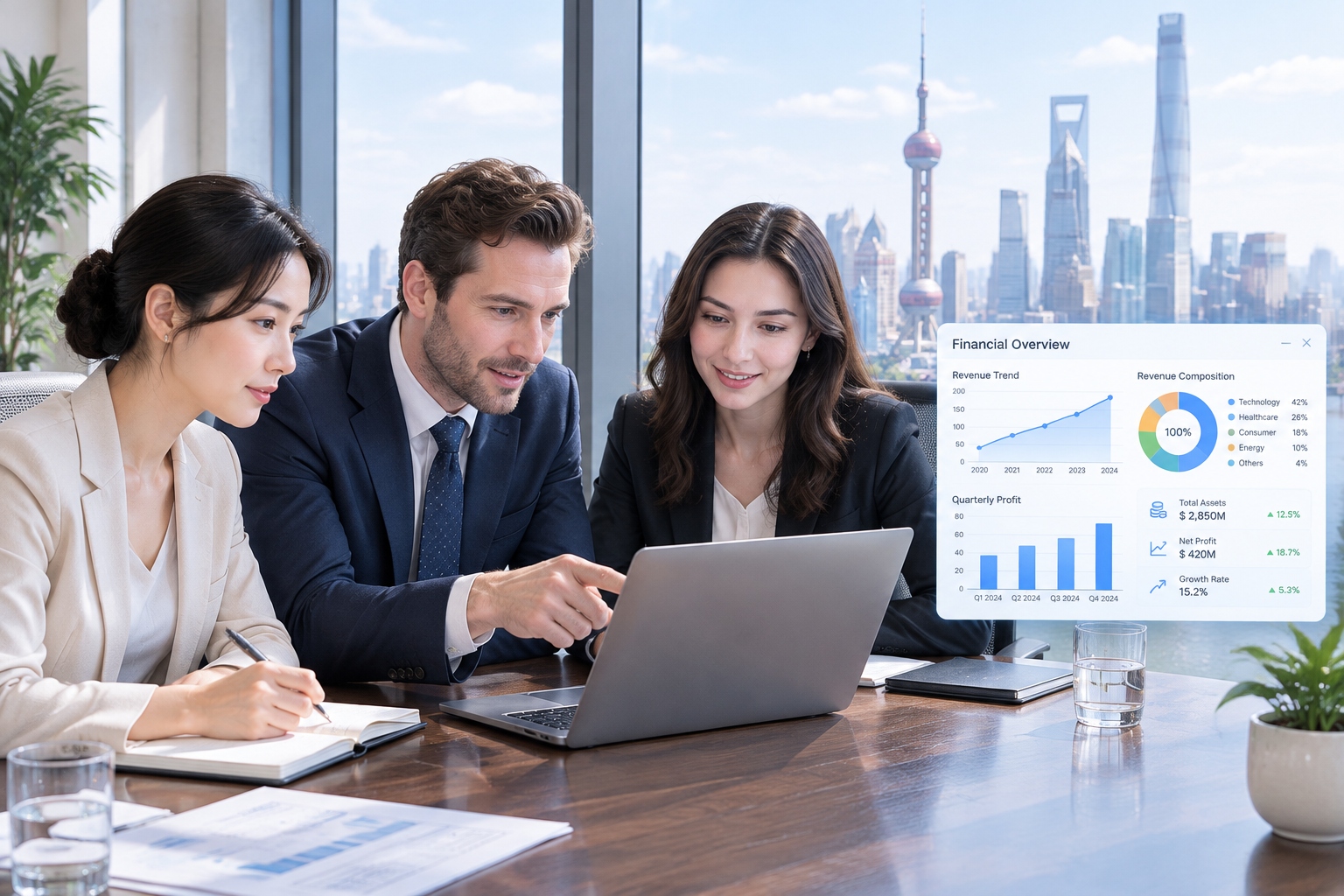 Doing Business in Shenzhen vs Shanghai vs Beijing: Which City Fits Your Industry? 23 Shanghai financial district high-rise with a cross-cultural business meeting, reflecting the city's strength in finance and international trade