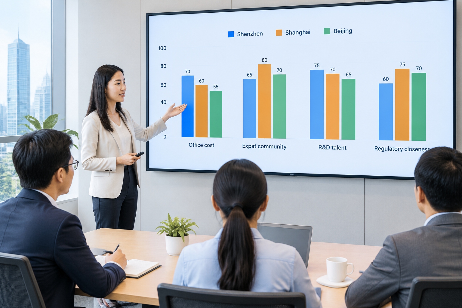 Doing Business in Shenzhen vs Shanghai vs Beijing: Which City Fits Your Industry? 25 Comparison chart of Shenzhen Shanghai Beijing business factors in a meeting room presentation