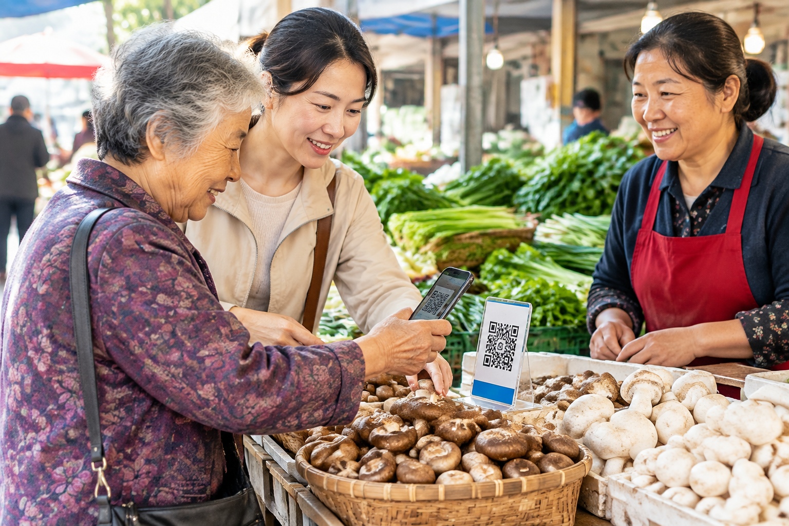 Chinese grandmother paying with QR code at a public market while her adult daughter watches, illustrating everyday digital commerce and multi-generation shopping in China.