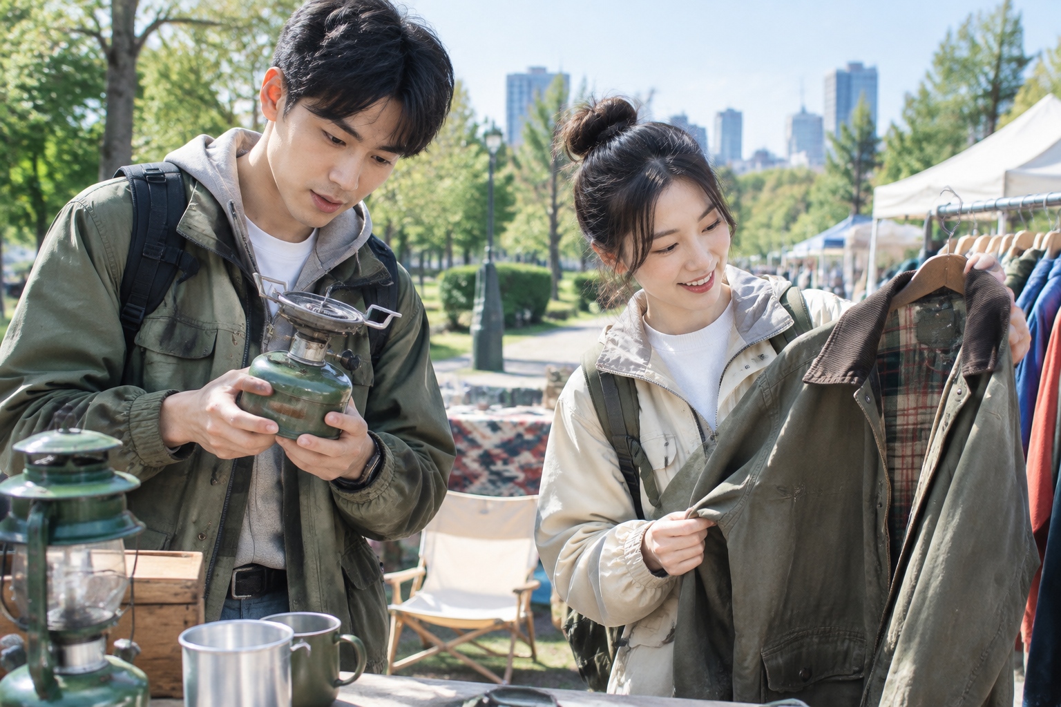 Young Chinese consumers at a second-hand market inspecting camping gear and outdoor clothing, a sign of resale culture and rational buying behavior among Generation Z.