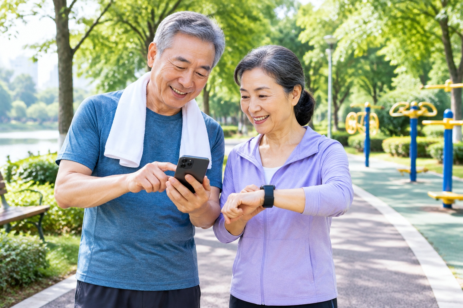 Active Chinese seniors using a smartphone health app and smart watch in a park, representing the fast-growing silver economy in China.