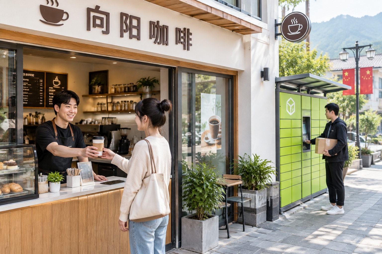 Modern coffee shop and e-commerce pickup locker in a Chinese county town, showing the rapid consumer upgrade and delivery infrastructure in lower-tier cities.
