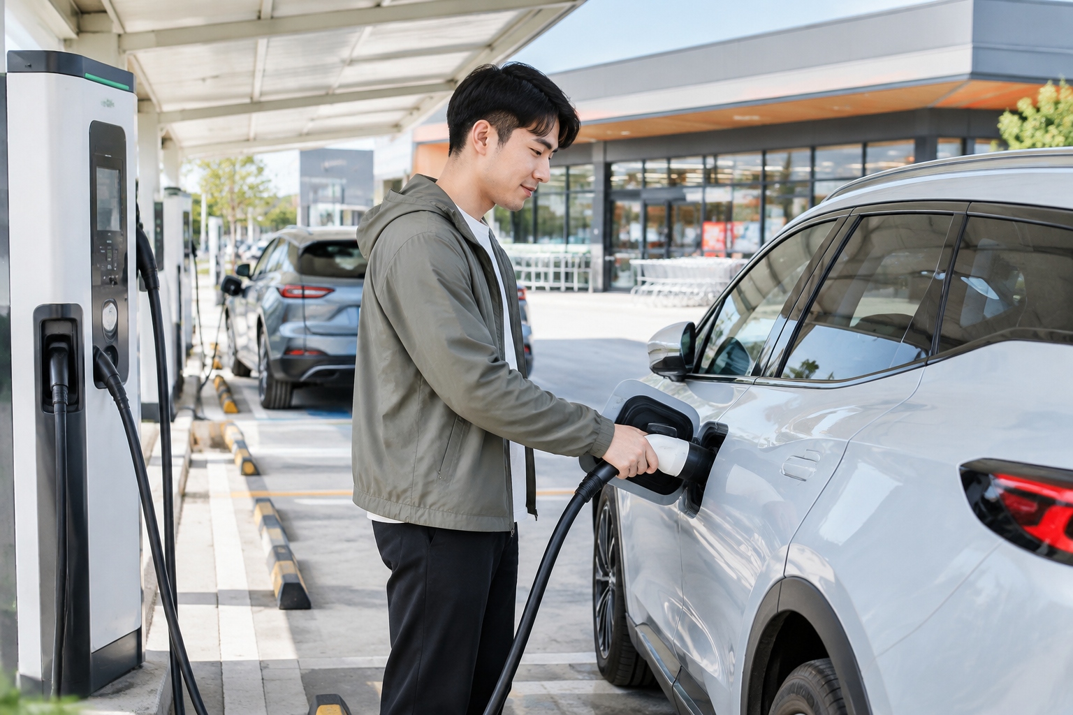 Chinese driver charging an electric vehicle at a public station near a supermarket, reflecting the mainstream shift to sustainable consumer choices.