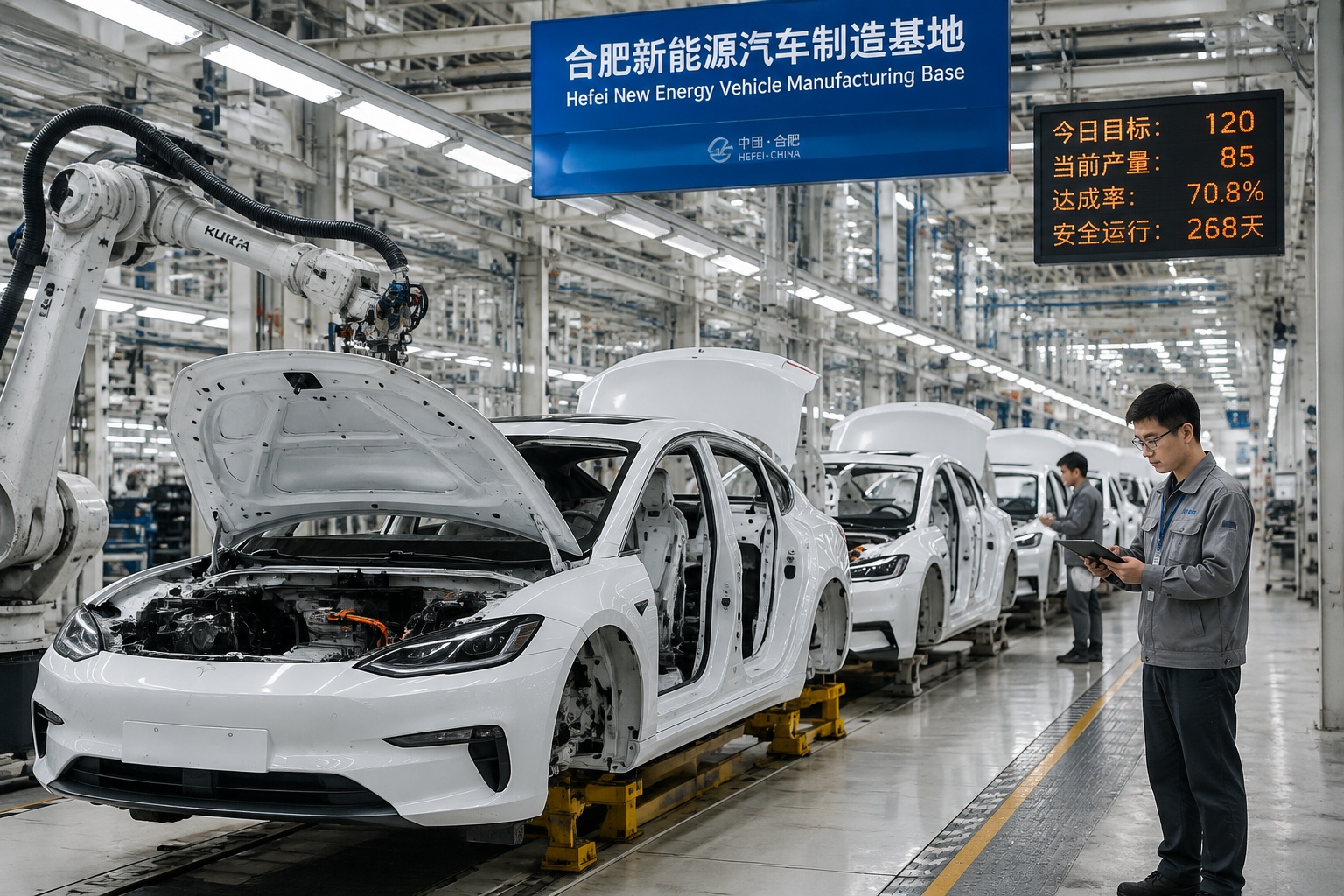 The Rise of China's EV Industry: What Foreign Suppliers and Partners Need to Know 22 Chinese EV sedans moving through a modern assembly line with robotic and human cooperation