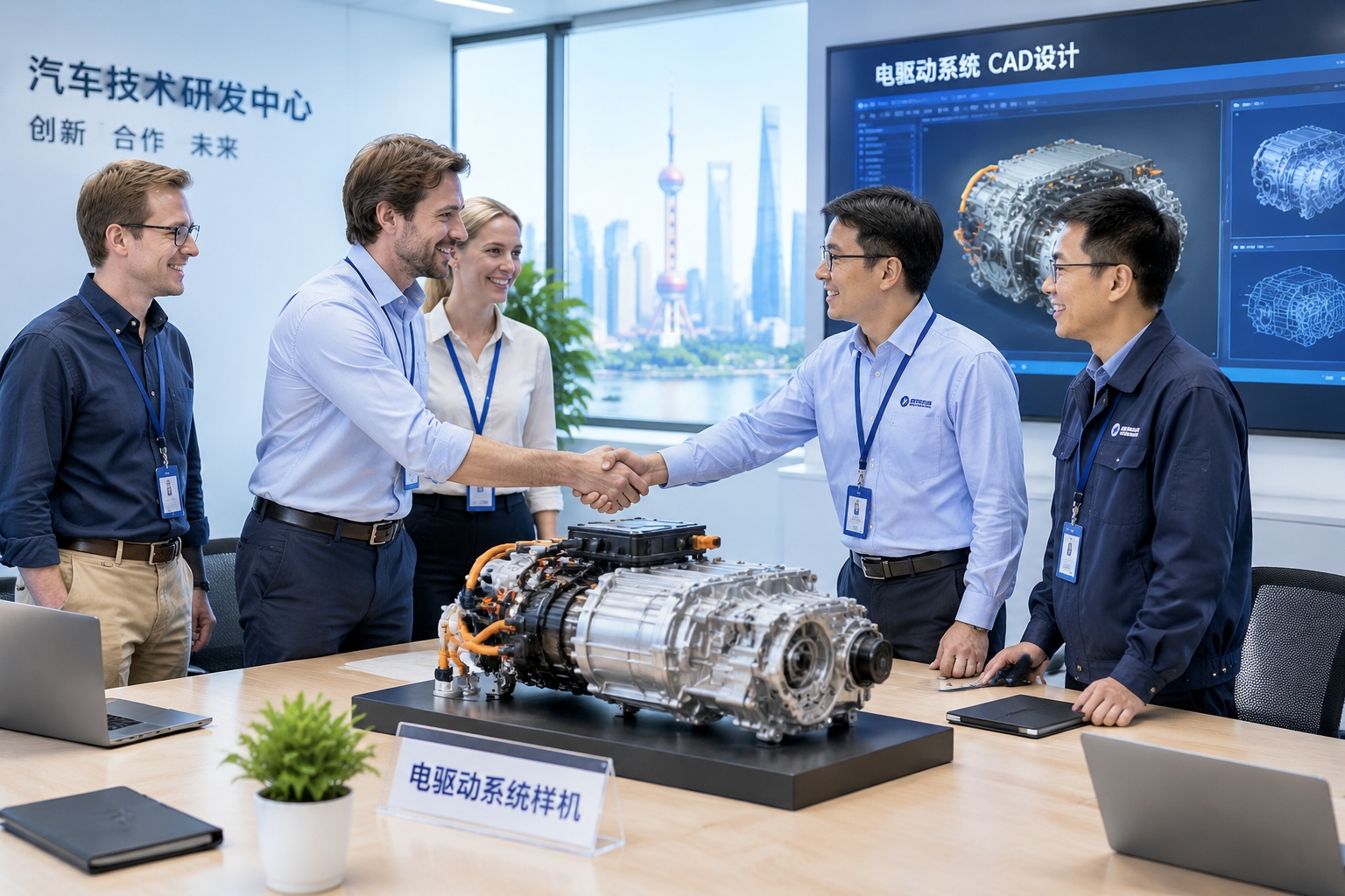 The Rise of China's EV Industry: What Foreign Suppliers and Partners Need to Know 25 Foreign and Chinese engineers shaking hands during a joint EV technical cooperation discussion