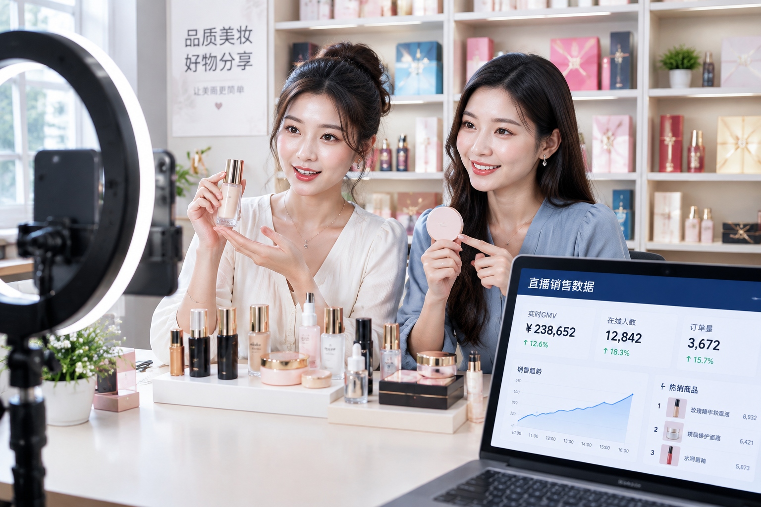 China's Digital Economy: A Sector-by-Sector Guide for Foreign Investors and Partners 22 Chinese livestream hosts selling cosmetics in a small e-commerce studio, with sales data on a laptop screen.