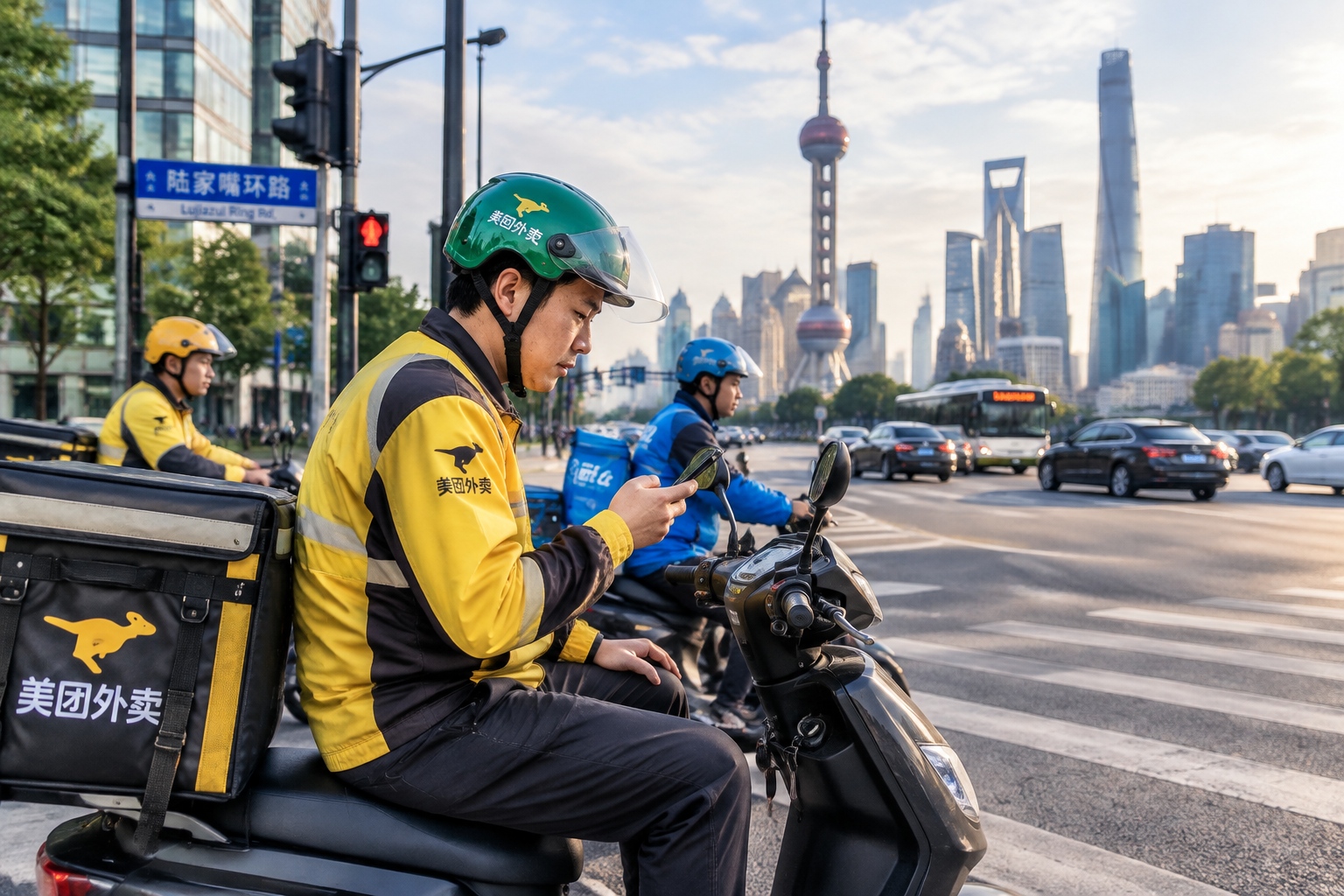 China's Digital Economy: A Sector-by-Sector Guide for Foreign Investors and Partners 23 Meituan food-delivery riders waiting at a busy intersection in Shanghai, holding smartphones showing delivery orders.