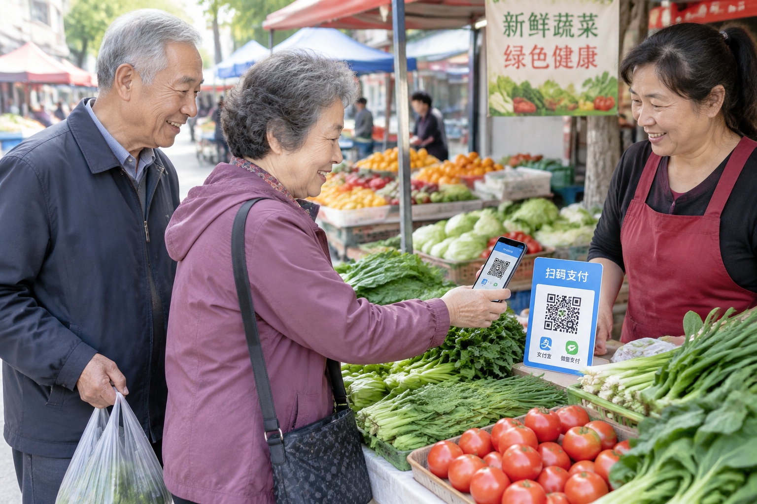 China's Digital Economy: A Sector-by-Sector Guide for Foreign Investors and Partners 24 Chinese elderly couple scanning a QR code to pay for groceries at an outdoor market.
