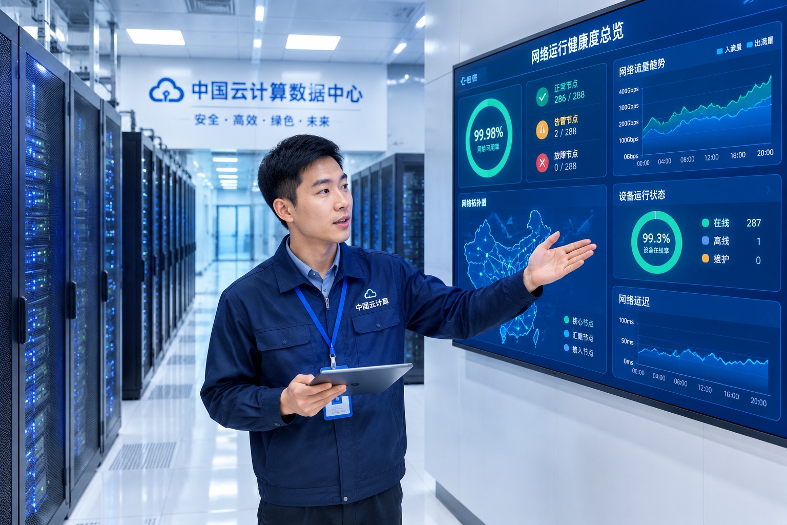 China's Digital Economy: A Sector-by-Sector Guide for Foreign Investors and Partners 25 Cloud data center in China with an engineer reviewing server status on a wall dashboard.