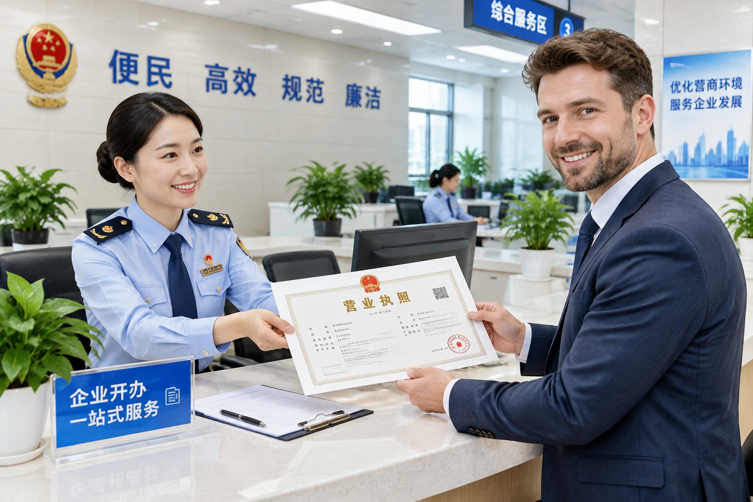 Understanding China's Regulatory Environment: A Practical Guide for Foreign Businesses 22 Foreign investor receiving a business license at a Chinese government service center