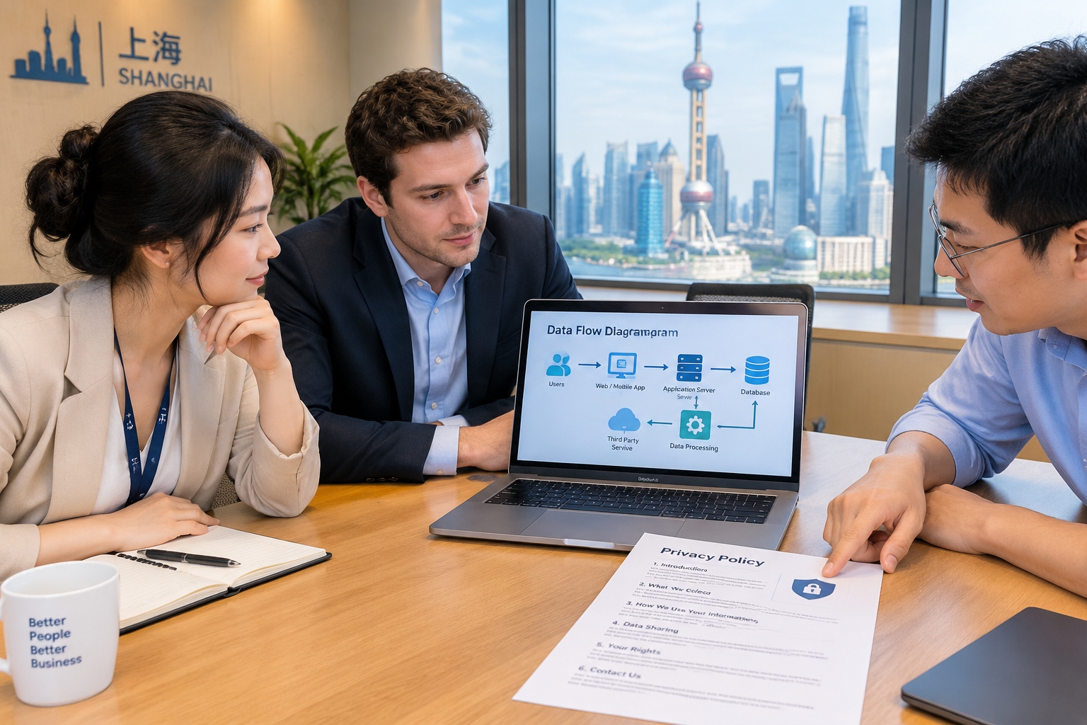 Understanding China's Regulatory Environment: A Practical Guide for Foreign Businesses 23 HR and compliance team reviewing a data privacy policy for cross-border employee data transfer in China