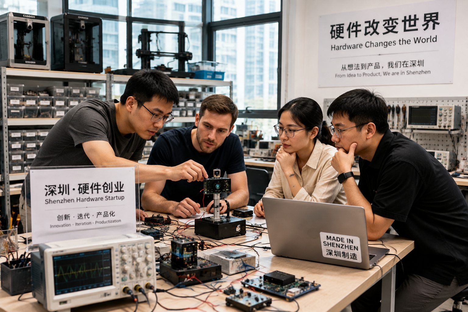 Chinese and foreign engineers testing a hardware prototype together in a Shenzhen startup workshop