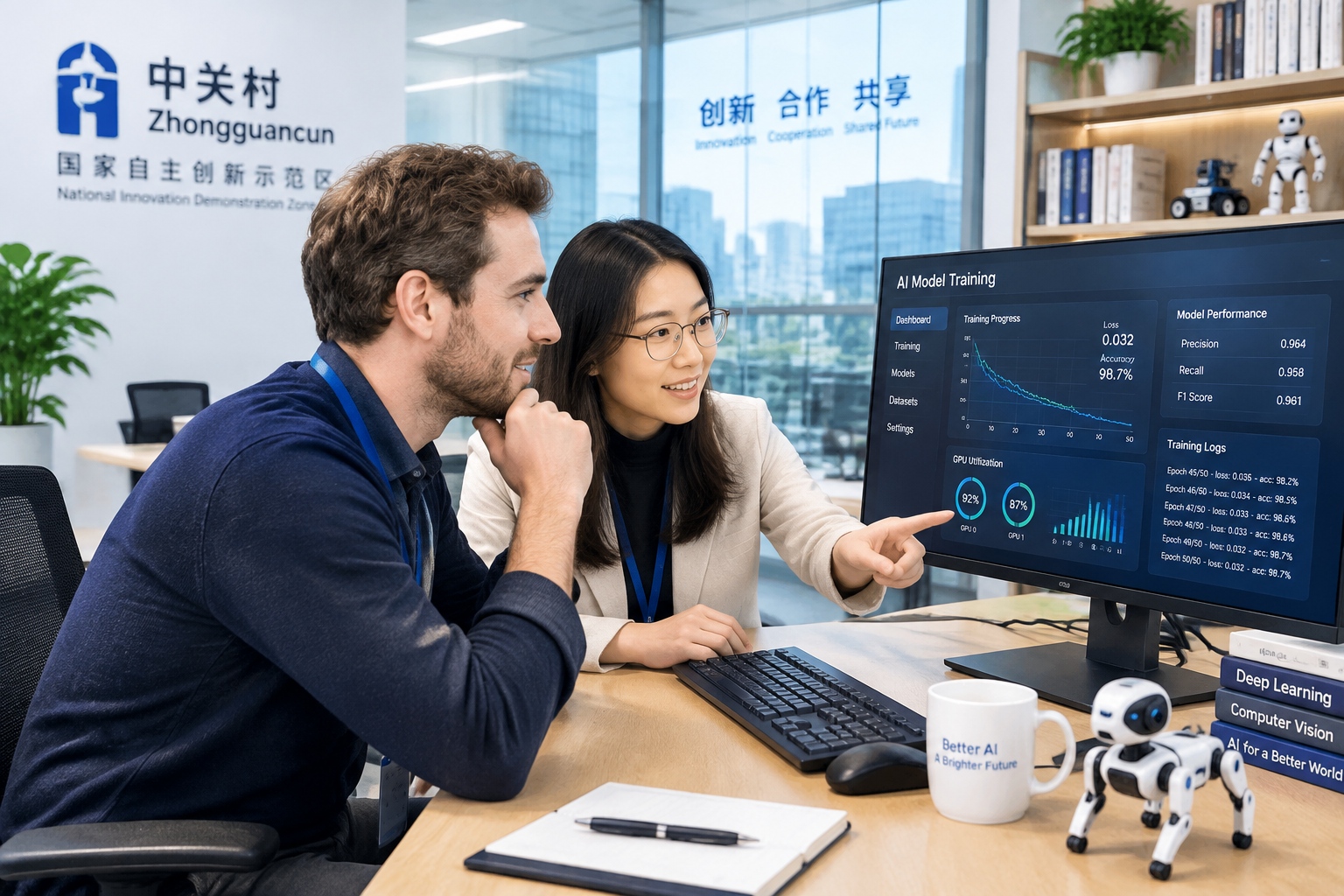 Foreign entrepreneur and Chinese researcher reviewing AI model demonstration at a Zhongguancun incubator in Beijing