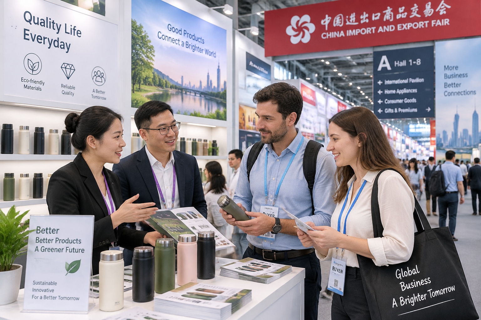 Foreign buyers and Chinese distributors networking at a Canton Fair booth in Guangzhou