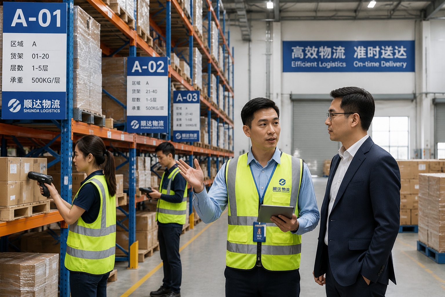 Managers and workers inspect inventory in a modern Chinese logistics warehouse