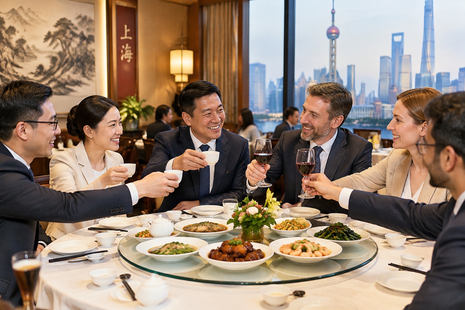 Chinese and foreign business partners toasting during a dinner meeting in Shanghai
