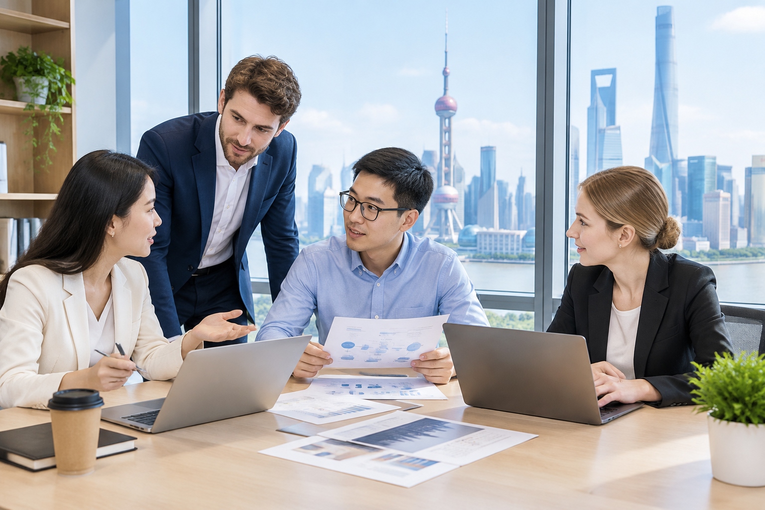 Setting Up a Business in China: WFOE, Joint Venture, or Representative Office? 22 Foreign and Chinese professionals discussing a company setup in a modern Shanghai co-working office