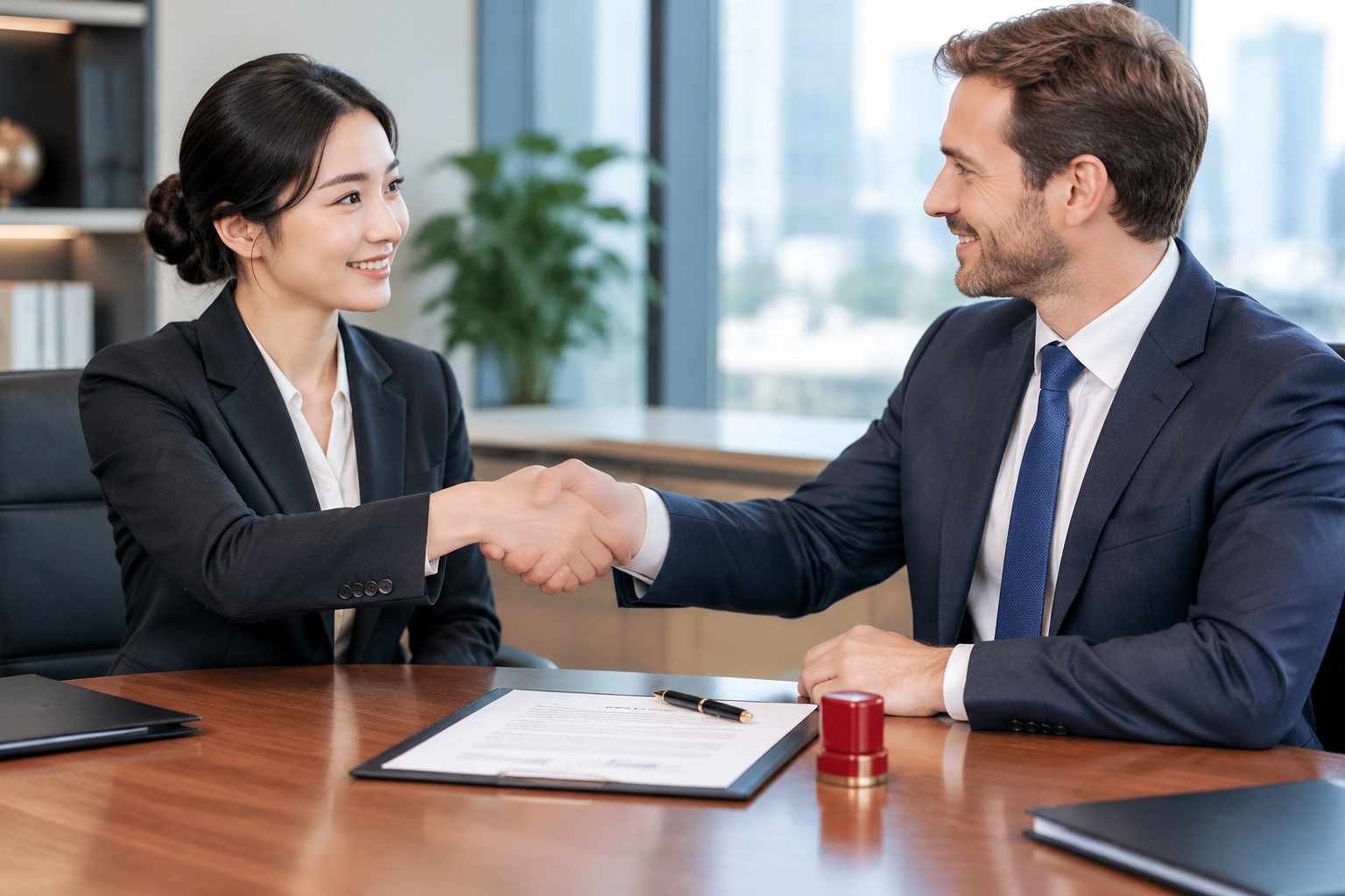 Setting Up a Business in China: WFOE, Joint Venture, or Representative Office? 23 Foreign and Chinese business representatives shaking hands after signing a corporate contract in China