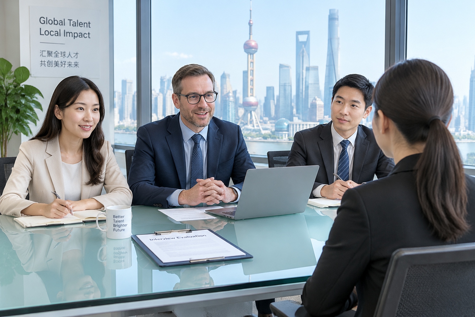Managers interviewing a candidate in a Shanghai office during the hiring process in China