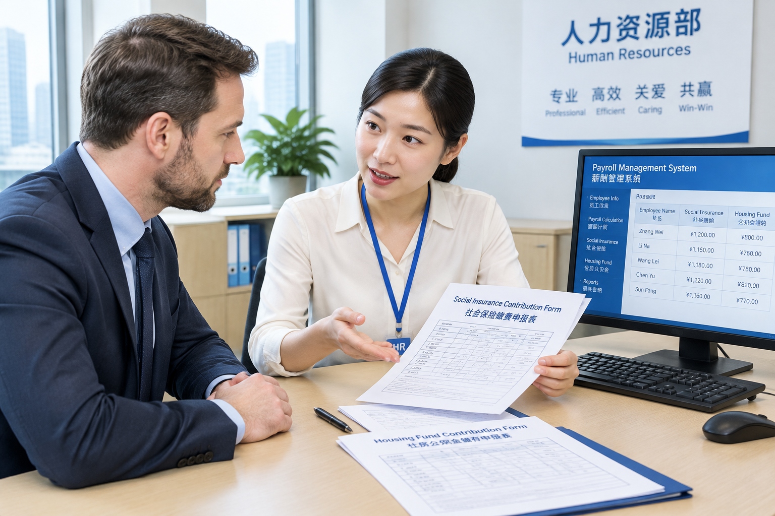 HR manager explaining social insurance contributions and housing fund to a foreign employer in China
