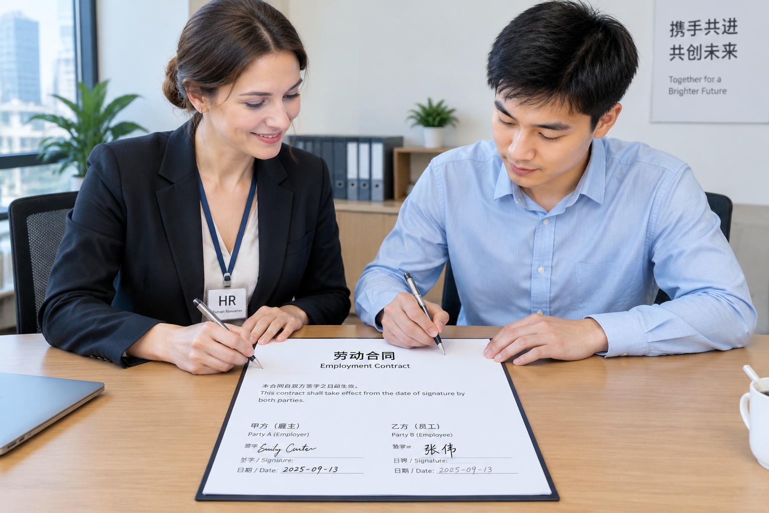 Signing a bilingual employment contract for a job in China