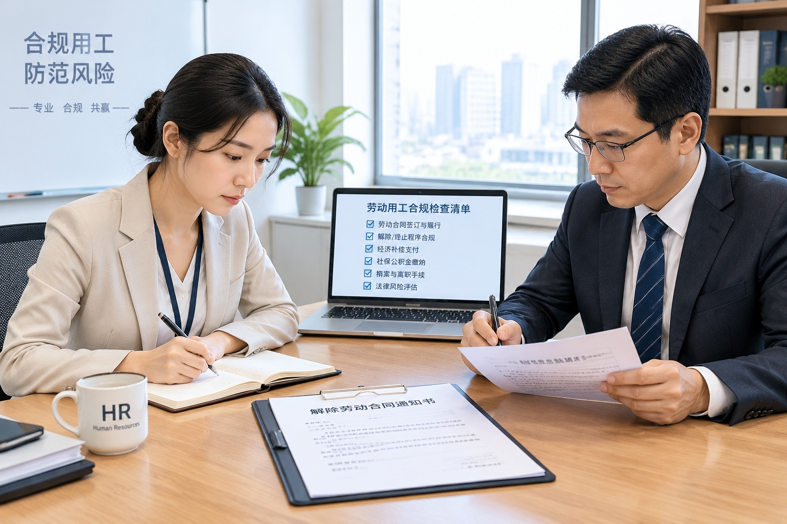 HR manager and Chinese labor lawyer reviewing termination compliance paperwork