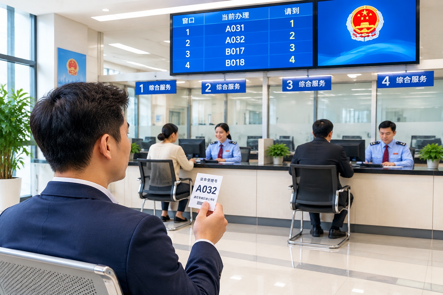 China's Tax System for Foreign Businesses: Corporate Tax, VAT, and What You Need to Know 22 Foreign businessman checking the queue number at a Chinese tax service hall, with staff helping other taxpayers at modern counters.