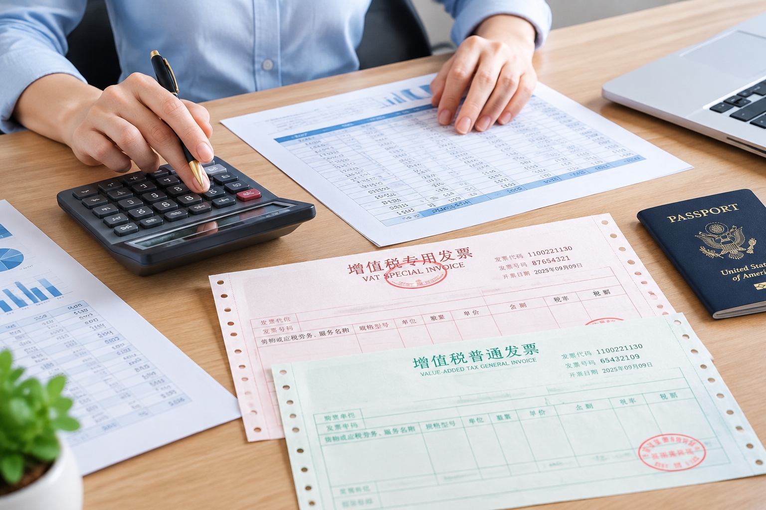 China's Tax System for Foreign Businesses: Corporate Tax, VAT, and What You Need to Know 23 A tax accountant calculating VAT using a calculator and printed invoices on an office desk in China.