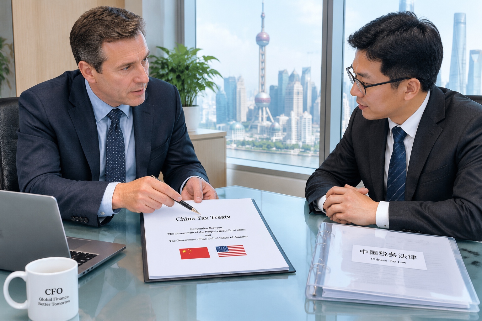 China's Tax System for Foreign Businesses: Corporate Tax, VAT, and What You Need to Know 24 CFO reviewing a tax treaty document with a Chinese tax lawyer in an office meeting room.
