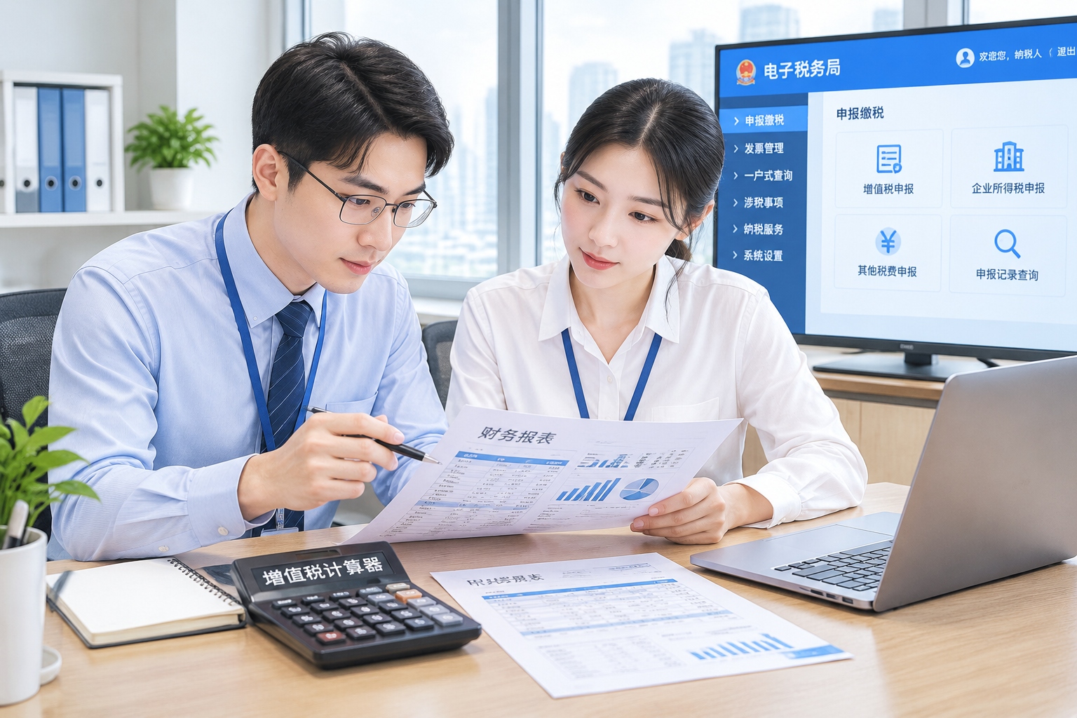 China's Tax System for Foreign Businesses: Corporate Tax, VAT, and What You Need to Know 26 Small business team reviewing annual tax filing documents and accounting software in China.