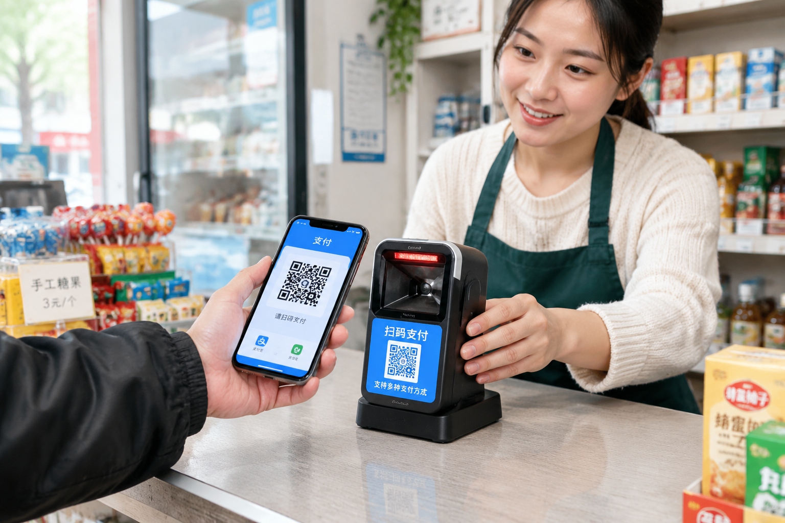 The China Business Traveler's Toolkit: Visa, Apps, Payment, and Communication 24 Business traveler paying by scanning QR code with smartphone at a café in China