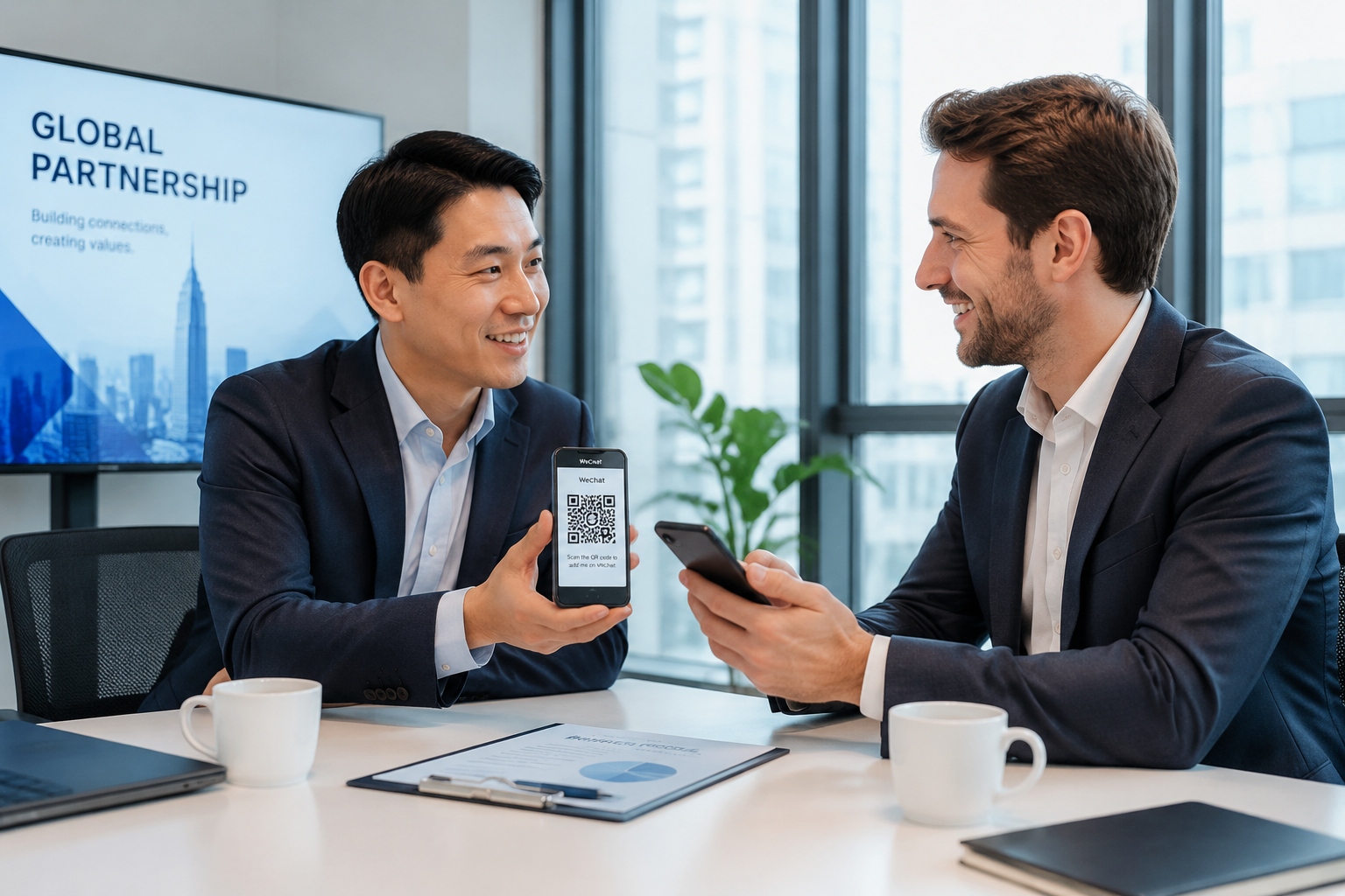The China Business Traveler's Toolkit: Visa, Apps, Payment, and Communication 23 Chinese business professionals exchanging WeChat contacts at a meeting