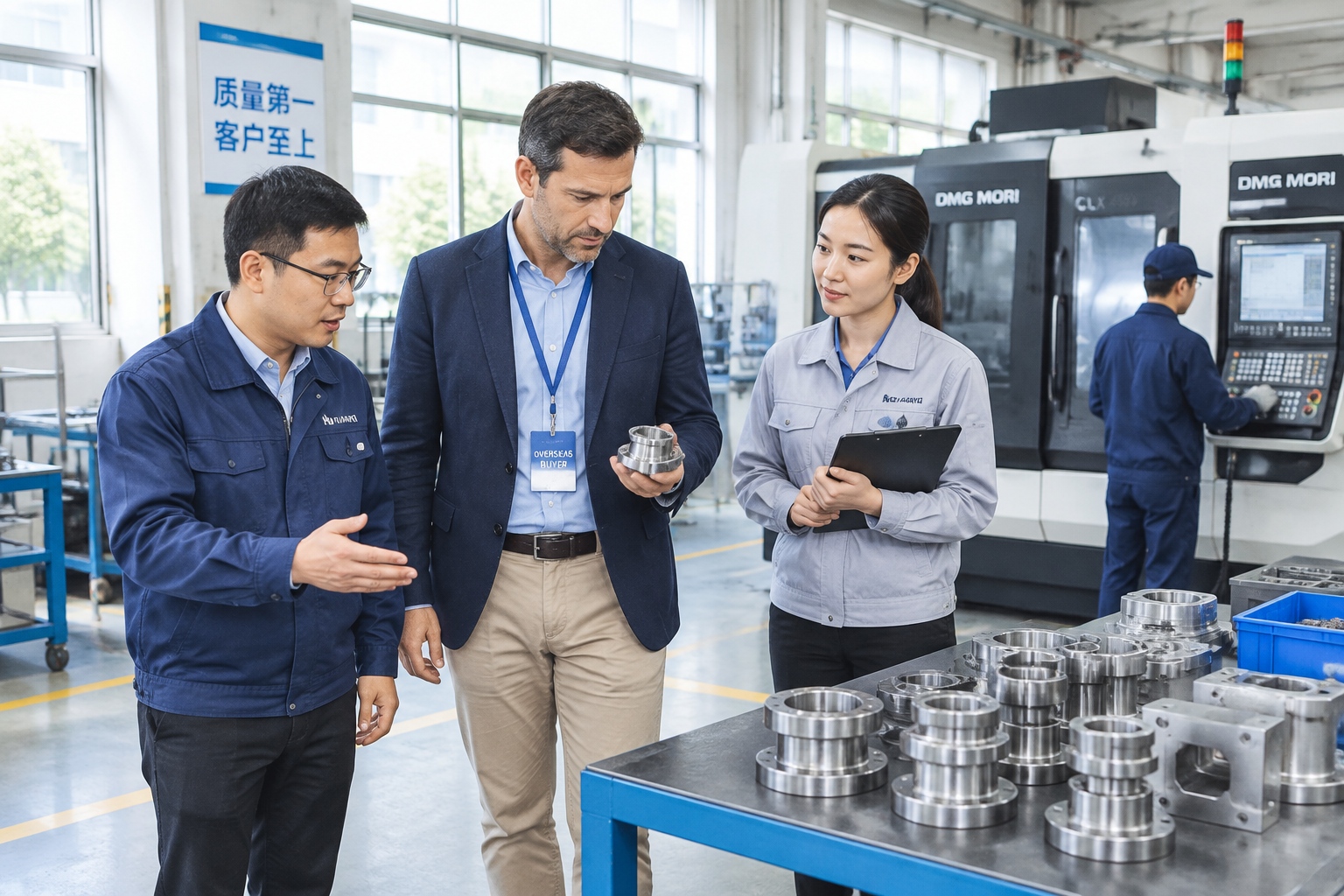 Overseas buyer and Chinese factory engineers doing a site visit inside a metalworking workshop in China, inspecting equipment at close range
