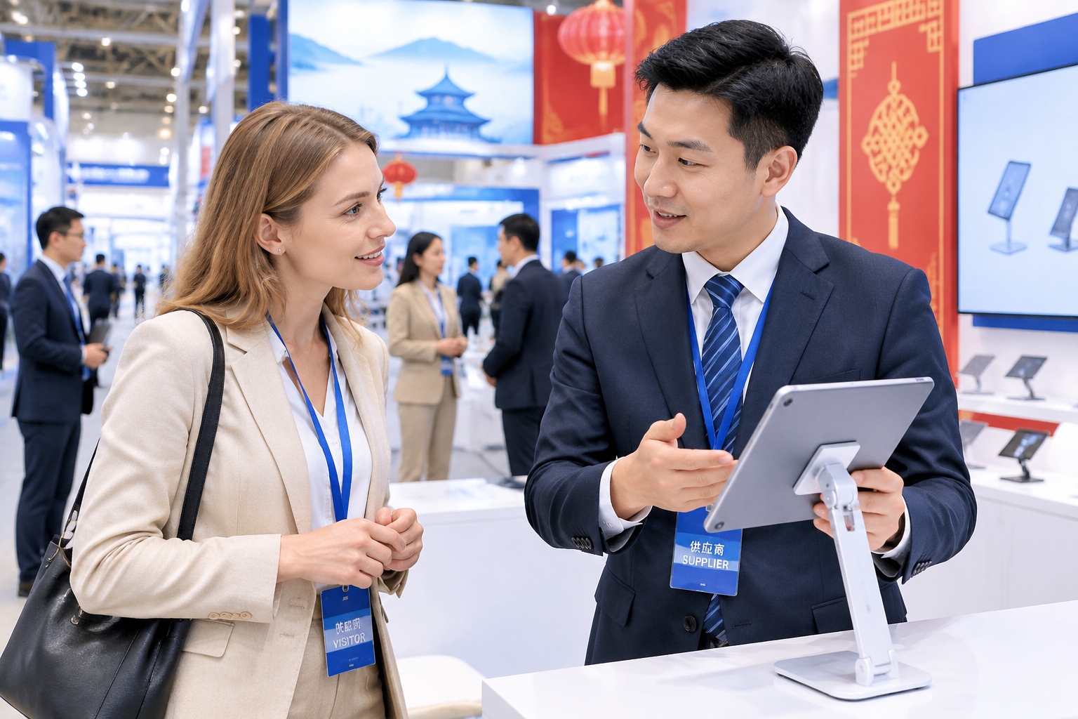 Western buyer interviewing a Chinese supplier representative at a trade fair in China, both standing beside a booth and discussing company credentials