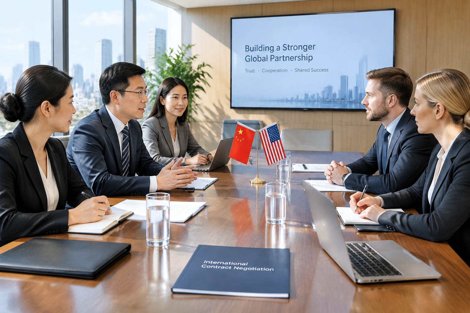 Contract Negotiation with Chinese Companies: Key Clauses and Cultural Considerations 22 Chinese and Western professionals negotiating a business contract in a modern Chinese boardroom