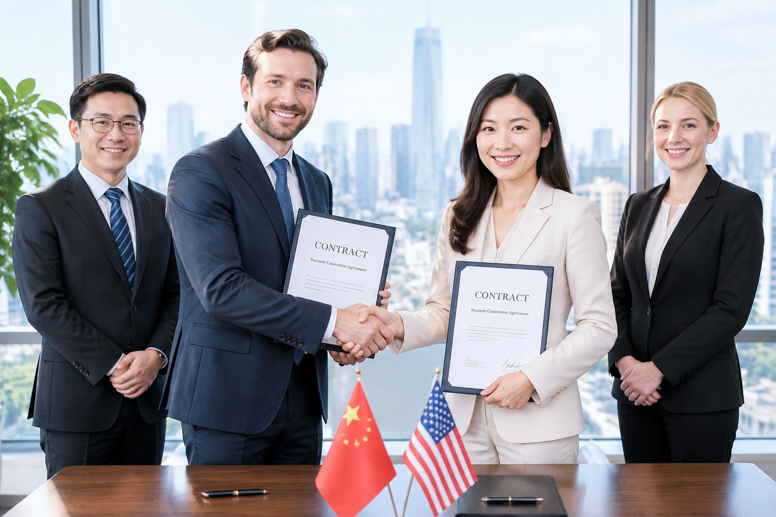 Contract Negotiation with Chinese Companies: Key Clauses and Cultural Considerations 23 Chinese and Western business partners shaking hands after signing a contract in a bright office in China