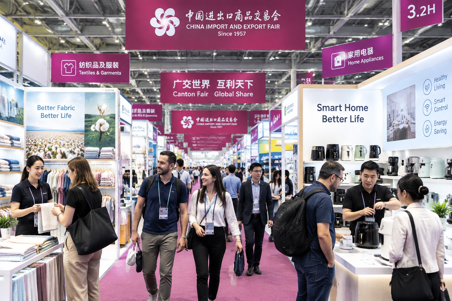 International buyers walking through the busy Canton Fair exhibition hall in Guangzhou with product-focused trade booths.