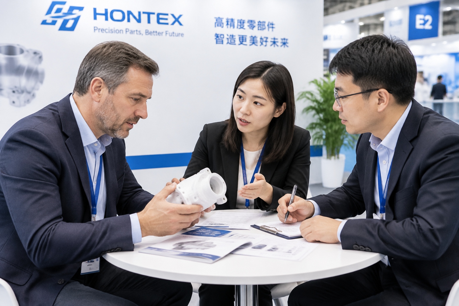 European buyer and Chinese supplier discussing product samples during a Shanghai industrial technology fair.