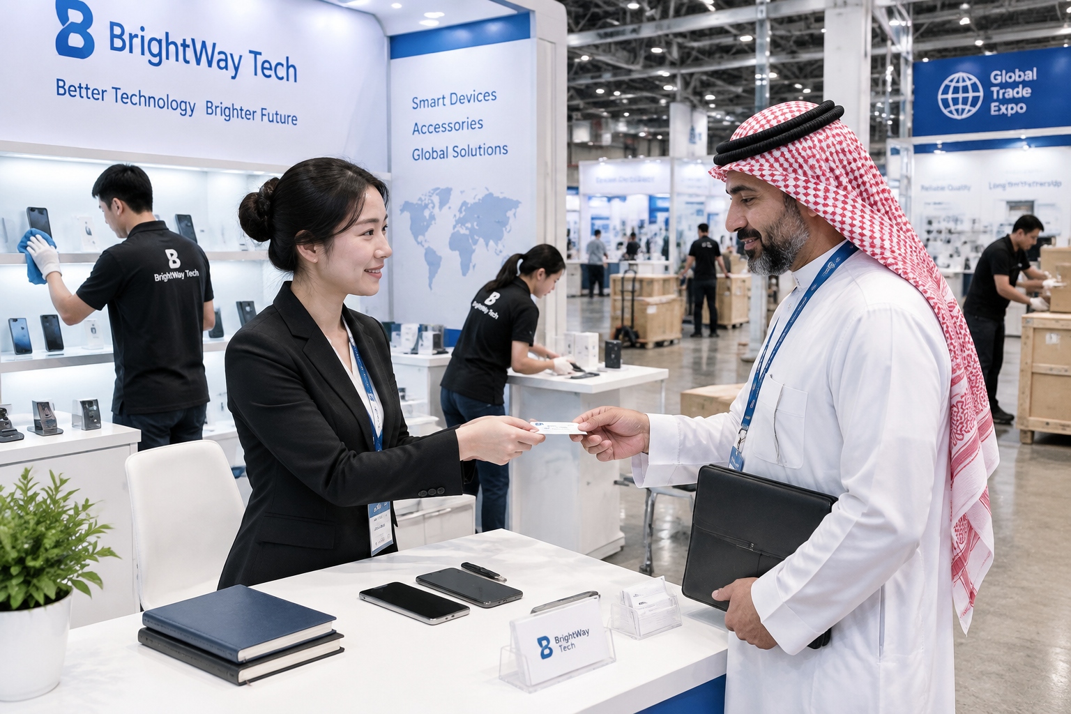 Exhibitor and visitor exchanging business cards at the end of a busy trade show day in China.