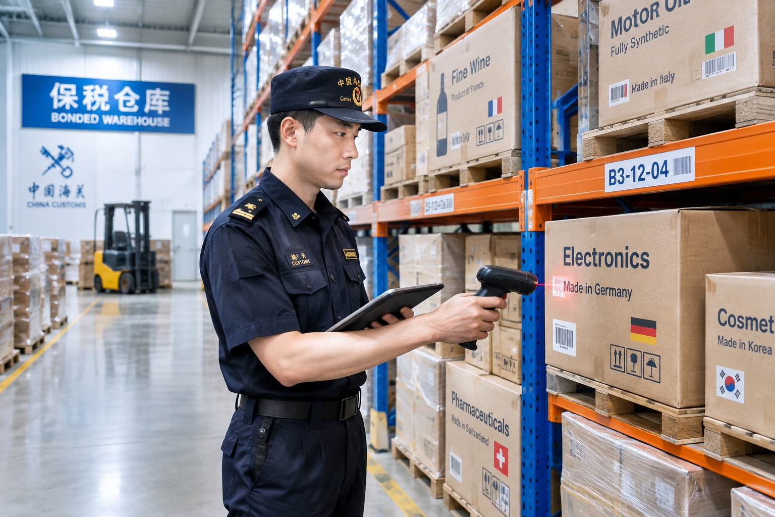 Customs officer checking an inventory scanner in a Chinese bonded warehouse storing imported goods for cross-border e-commerce