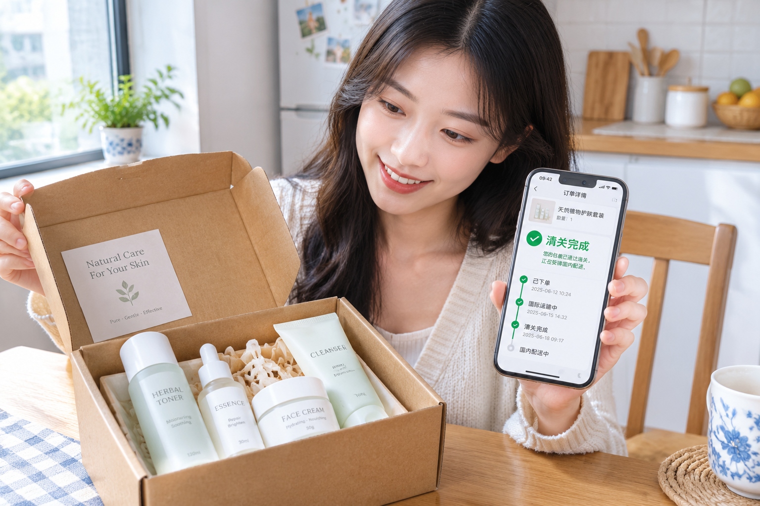 Young Chinese consumer opening a package from an overseas brand with a customs-clearance notice on her phone