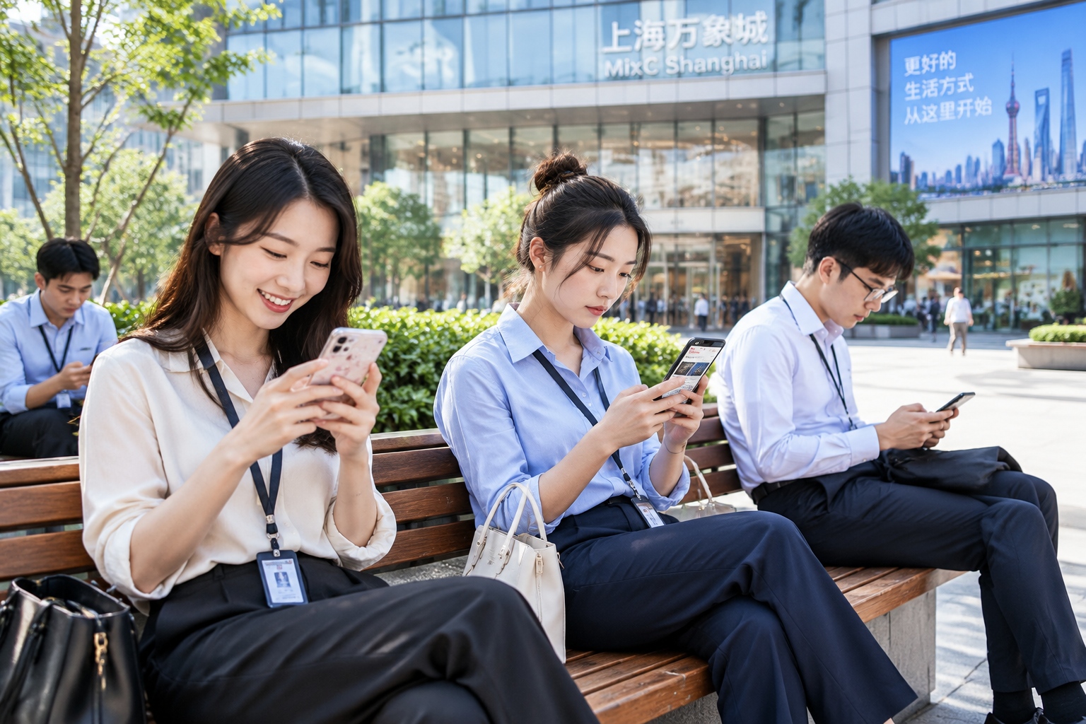 Chinese office workers scrolling social media apps on their phones in a Shanghai plaza