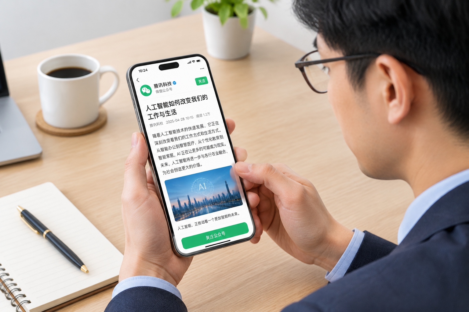 Reading a WeChat Official Account article on a smartphone at an office desk in China