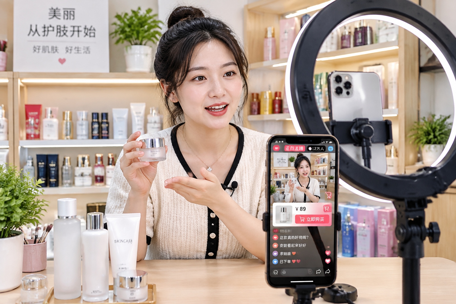 Chinese shop owner livestreaming beauty products on Douyin from her local store
