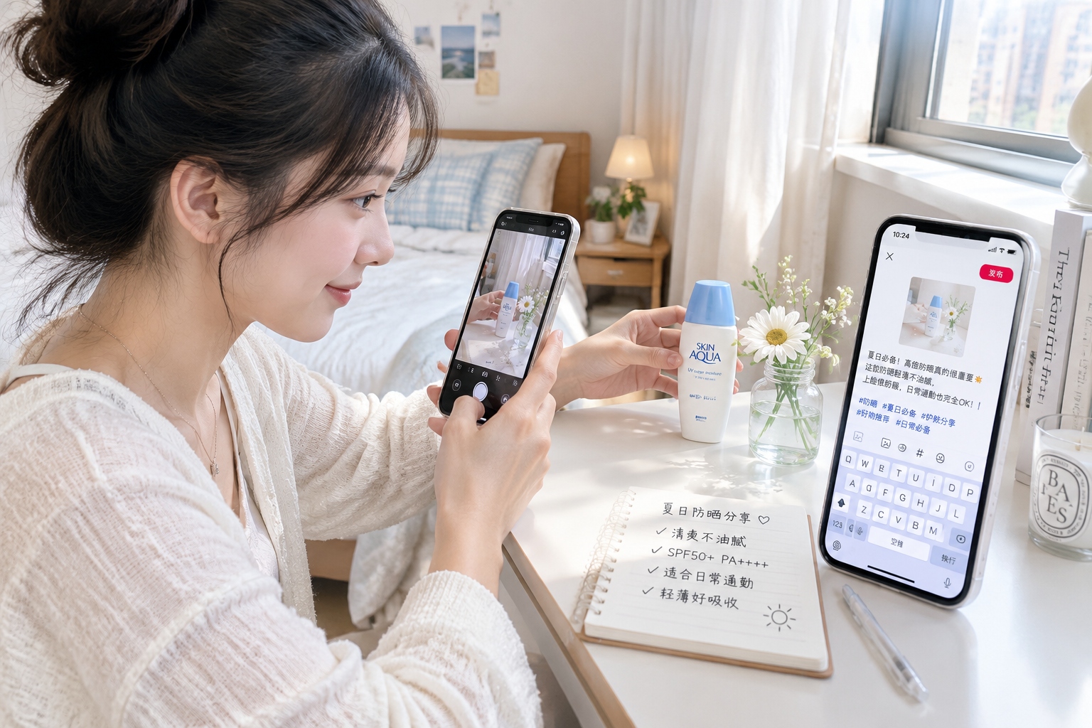 Woman photographing a skincare product for a Xiaohongshu review post in her bedroom