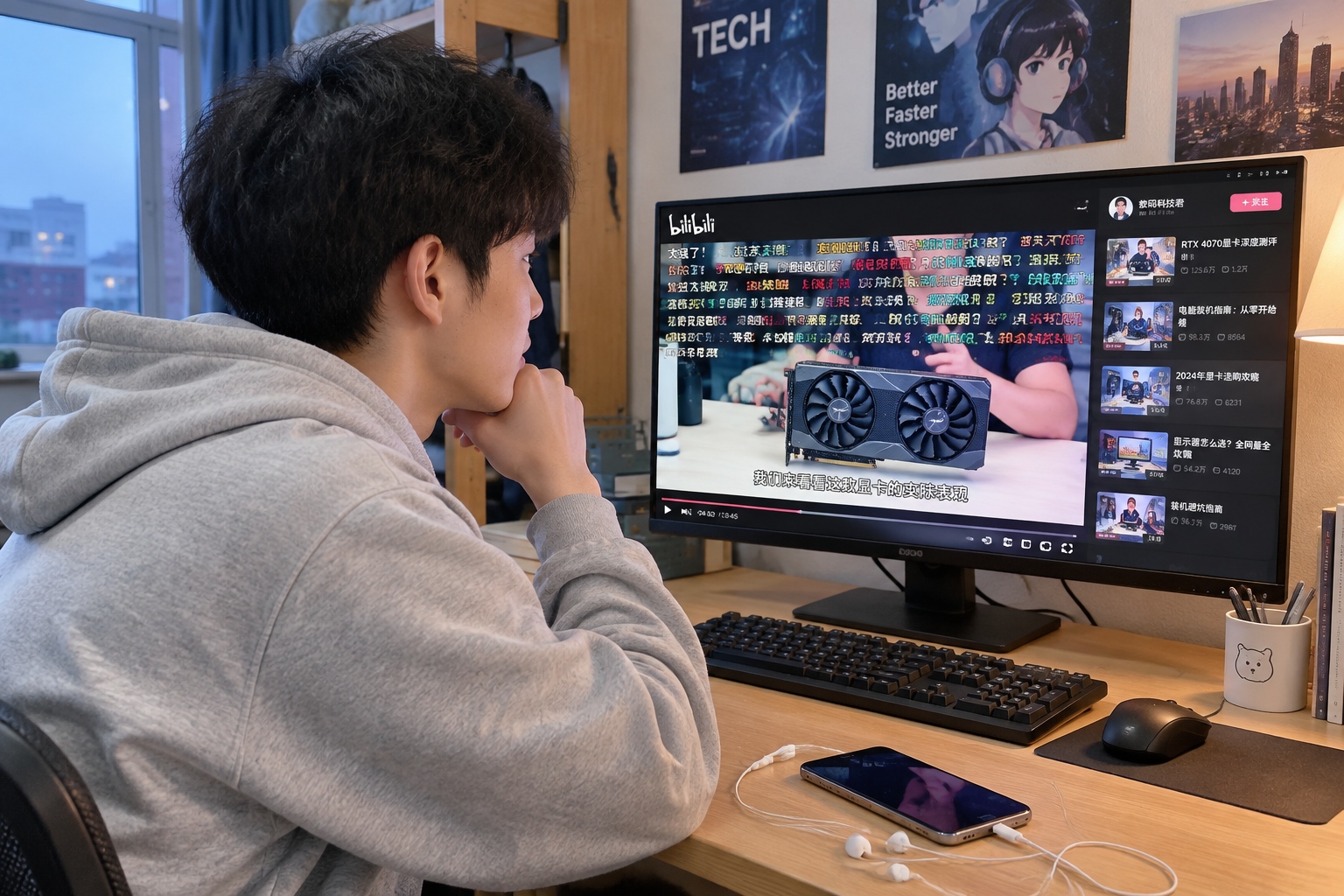Young Chinese student watching Bilibili with bullet-style scrolling comments on a computer screen